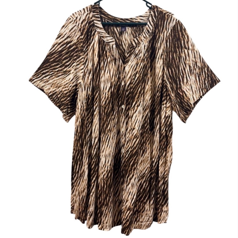 Plus Size 28W Animal Print Button Down‎ Tunic Fall Layering Top Brown Rayon